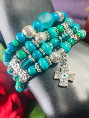 One-Of-A-Kind Evil Eye Charm, Wagnerite & Australian Jasper Bracelet Set